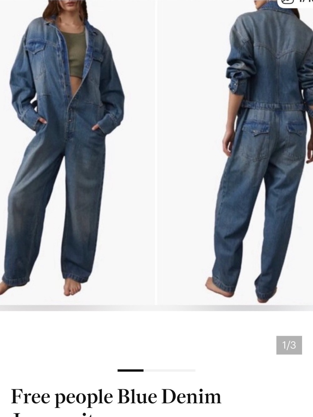 We The Free Light Blue Denim jumpsuit with Logo Patch